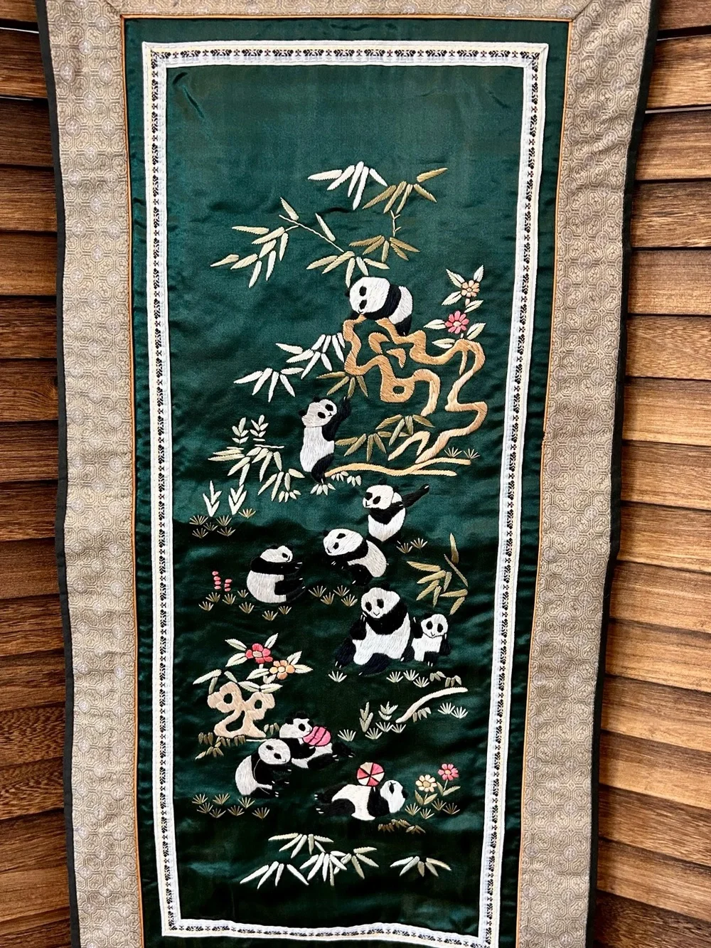 Vintage Chinese Silk Hand-Embroidered Panda Bear Wall Hanging Tapestry
